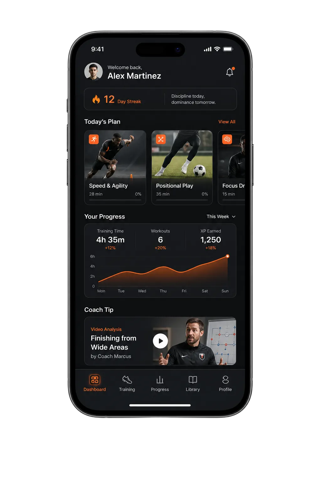App Goalz de performance, visão do dashboard do atleta